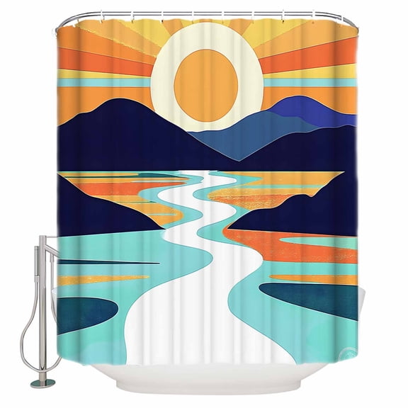 Shower Curtain Bathroom Set Sun Mountain River Colorful Stripe Waterproof Fabric Shower Curtains with Grommets&Hooks Abstract Geometric Dynamic Art Privacy Bath Curtain for Bathtub 36x72in