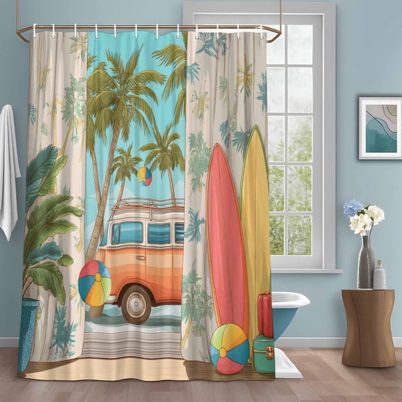 Shower Curtain Bathroom Set Tropical Beach Vacation Surfboard Waterproof Fabric Shower Curtains with Grommets&Hooks, Coconut Tree Camper Van Privacy Bath Curtain for Bathtub 72x84in