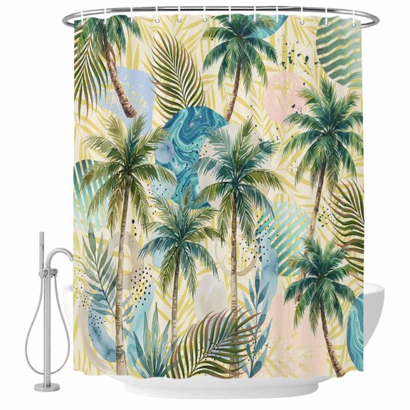 Shower Curtain Bathroom Set Tropical Palm Coconut Leaves Waterproof Fabric Shower Curtains with Grommets&Hooks, Abstract Geometric Art Privacy Bath Curtain for Bathtub 36x72in