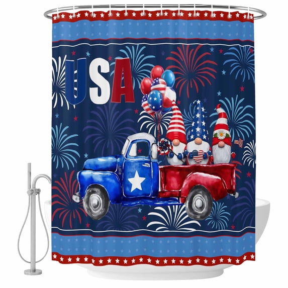 Shower Curtain Bathroom Set USA Flag Red Farm Truck Gnomes Waterproof Fabric Shower Curtains with Grommets&Hooks, Independence Day Stars Privacy Bath Curtain for Bathtub 72x72in