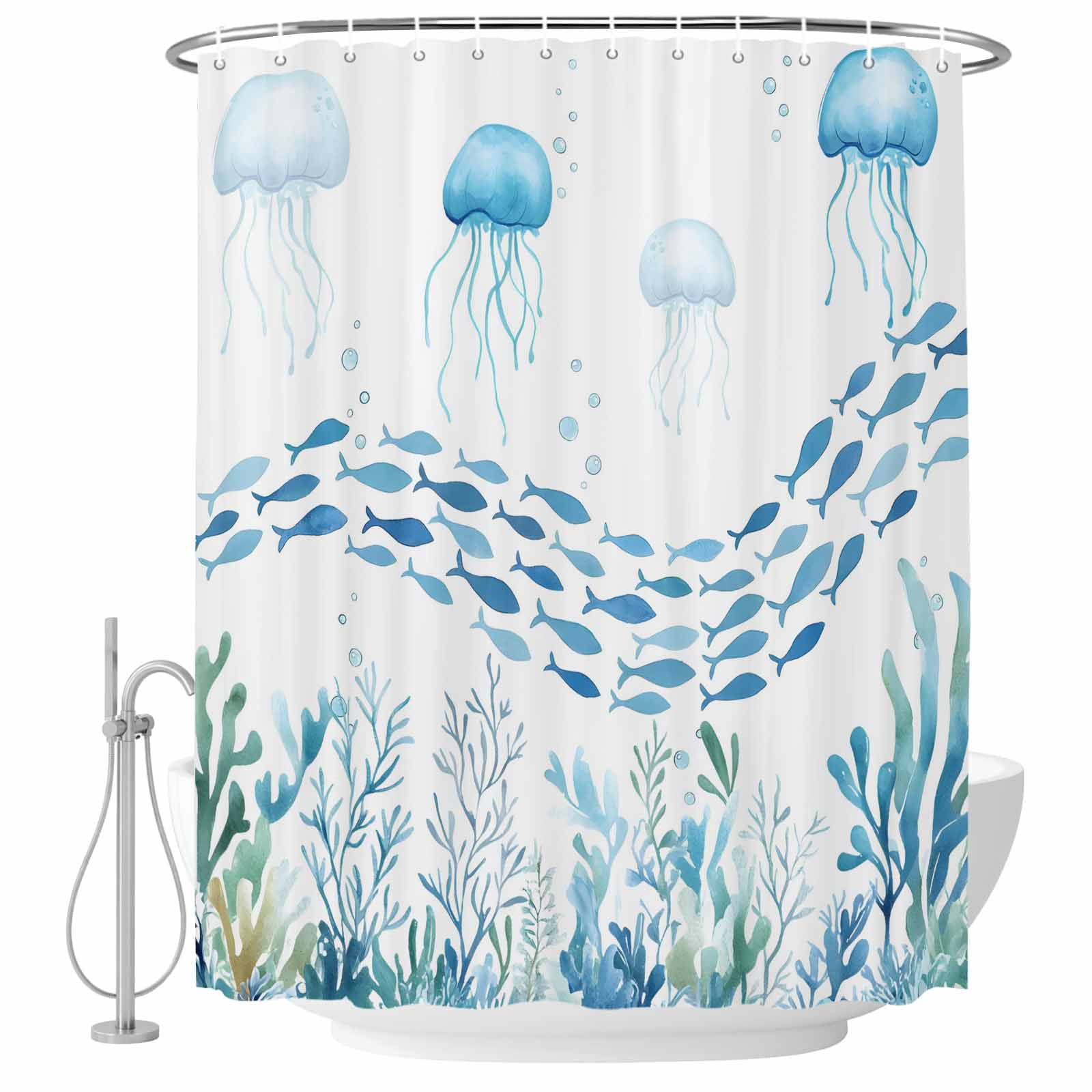 Shower Curtain Bathroom Set Underwater Life Octopus Fish Seaweed Waterproof Fabric Shower Curtains with Grommets&Hooks, Marine Theme Coral Privacy Bath Curtain for Bathtub 72x72in