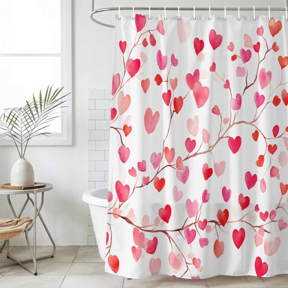 Shower Curtain Bathroom Set Valentine's Day Heart Waterproof Fabric Shower Curtains with Grommets&Hooks, Red Gradient Love Tree Privacy Bath Curtain for Bathtub 60x72in
