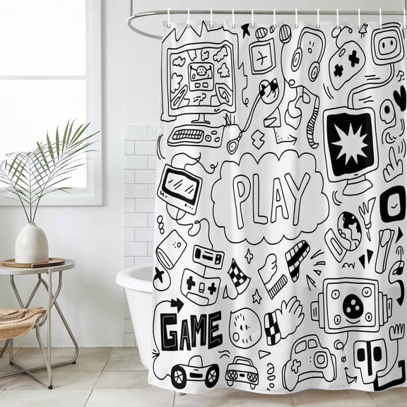 Shower Curtain Bathroom Set Video Games Gaming Vintage Waterproof Fabric Shower Curtains with Grommets&Hooks, Abstract Sketch Style Privacy Bath Curtain for Bathtub 48x72in