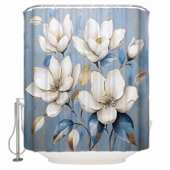 Shower Curtain Bathroom Set Vintage Elegant Floral Art Waterproof Fabric Shower Curtains with Grommets&Hooks Classic White Flowers Privacy Bath Curtain for Bathtub 72x72in