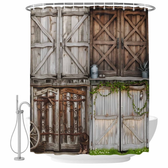 Shower Curtain Bathroom Set Vintage Farmhouse Brown Barn Door Waterproof Fabric Shower Curtains with Grommets&Hooks, Farm Green Leaves Privacy Bath Curtain for Bathtub 36x72in