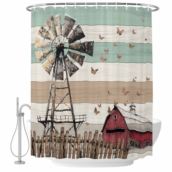 Shower Curtain Bathroom Set Vintage Farmhouse Windmill House Waterproof Fabric Shower Curtains with Grommets&Hooks, Rural Butterfly Wood Grain Privacy Bath Curtain for Bathtub 72x72in