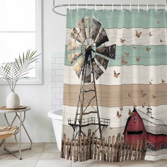 Shower Curtain Bathroom Set Vintage Farmhouse Windmill House Waterproof Fabric Shower Curtains with Grommets&Hooks, Rural Butterfly Wood Grain Privacy Bath Curtain for Bathtub 60x72in