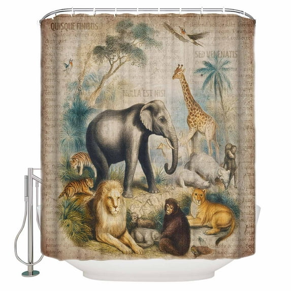 Shower Curtain Bathroom Set Vintage Jungle Animals Waterproof Fabric Shower Curtains with Grommets&Hooks Elephants Giraffes Lions Privacy Bath Curtain for Bathtub 60x72in
