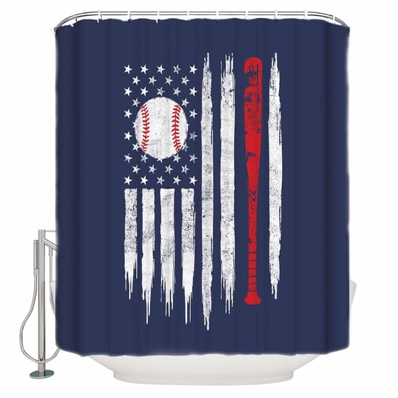 Shower Curtain Bathroom Set Vintage Navy Blue Baseball Waterproof Fabric Shower Curtains with Grommets&Hooks USA Flag Abstract Privacy Bath Curtain for Bathtub 48x72in
