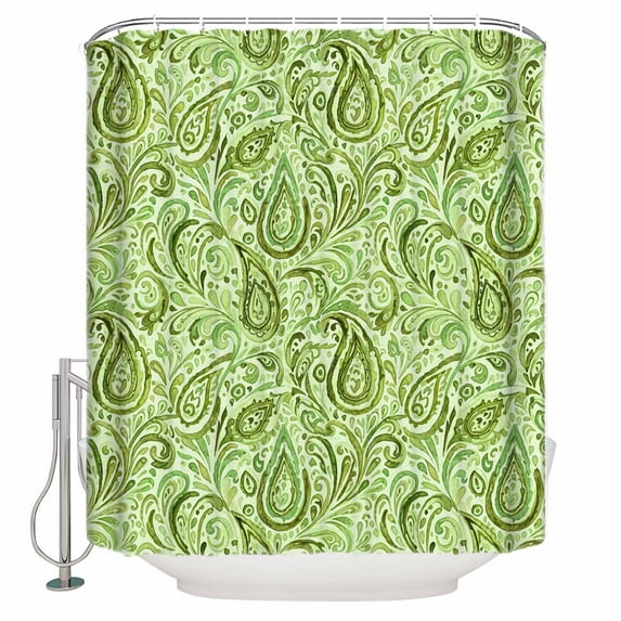 Shower Curtain Bathroom Set Vintage Paisley Floral Watercolor Waterproof Fabric Shower Curtains with Grommets&Hooks Ethnic Pattern Ombre Green Privacy Bath Curtain for Bathtub 36x72in