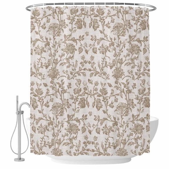 Shower Curtain Bathroom Set Vintage Pastoral Khaki Flower Waterproof Fabric Shower Curtains with Grommets&Hooks, Watercolor Pastoral Plant Linen Privacy Bath Curtain for Bathtub 36x72in