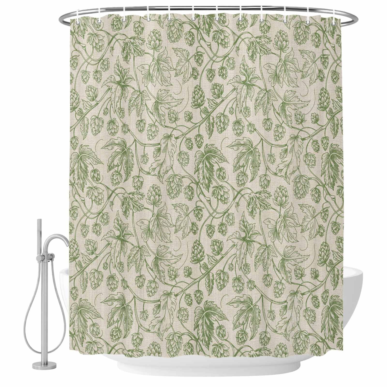 Shower Curtain Bathroom Set Vintage Sage Green Botanical Waterproof Fabric Shower Curtains with Grommets&Hooks, Ombre Leaves Retro Linen Privacy Bath Curtain for Bathtub 72x72in