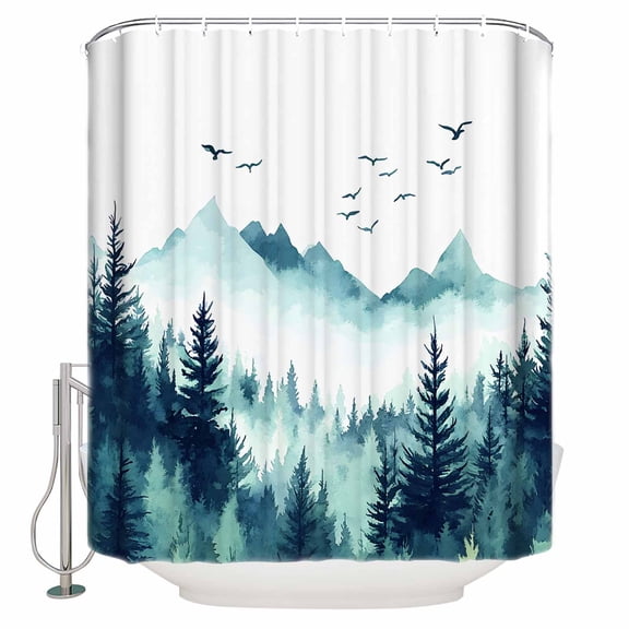 Shower Curtain Bathroom Set Watercolor Mountain Forest Tree Waterproof Fabric Shower Curtains with Grommets&Hooks Natural Scenic Turquoise Theme Privacy Bath Curtain for Bathtub 72x84in