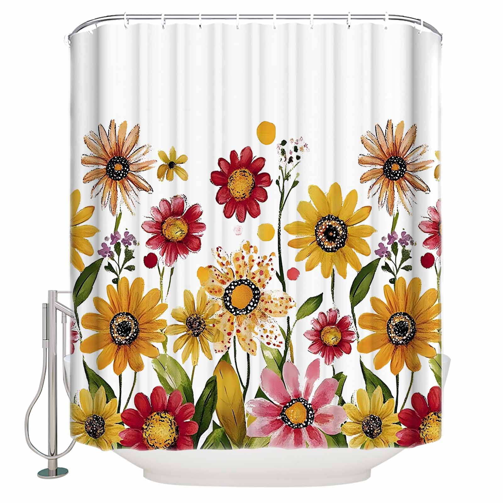 Shower Curtain Bathroom Set Watercolor Sunflower Leaves Plant Waterproof Fabric Shower Curtains with Grommets&Hooks Blossom Floral on White Privacy Bath Curtain for Bathtub 36x72in