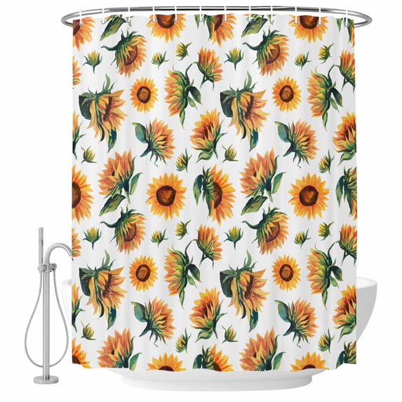 Shower Curtain Bathroom Set Watercolor Sunflower Leaves on White Waterproof Fabric Shower Curtains with Grommets&Hooks, Pastoral Plant Privacy Bath Curtain for Bathtub 72x72in