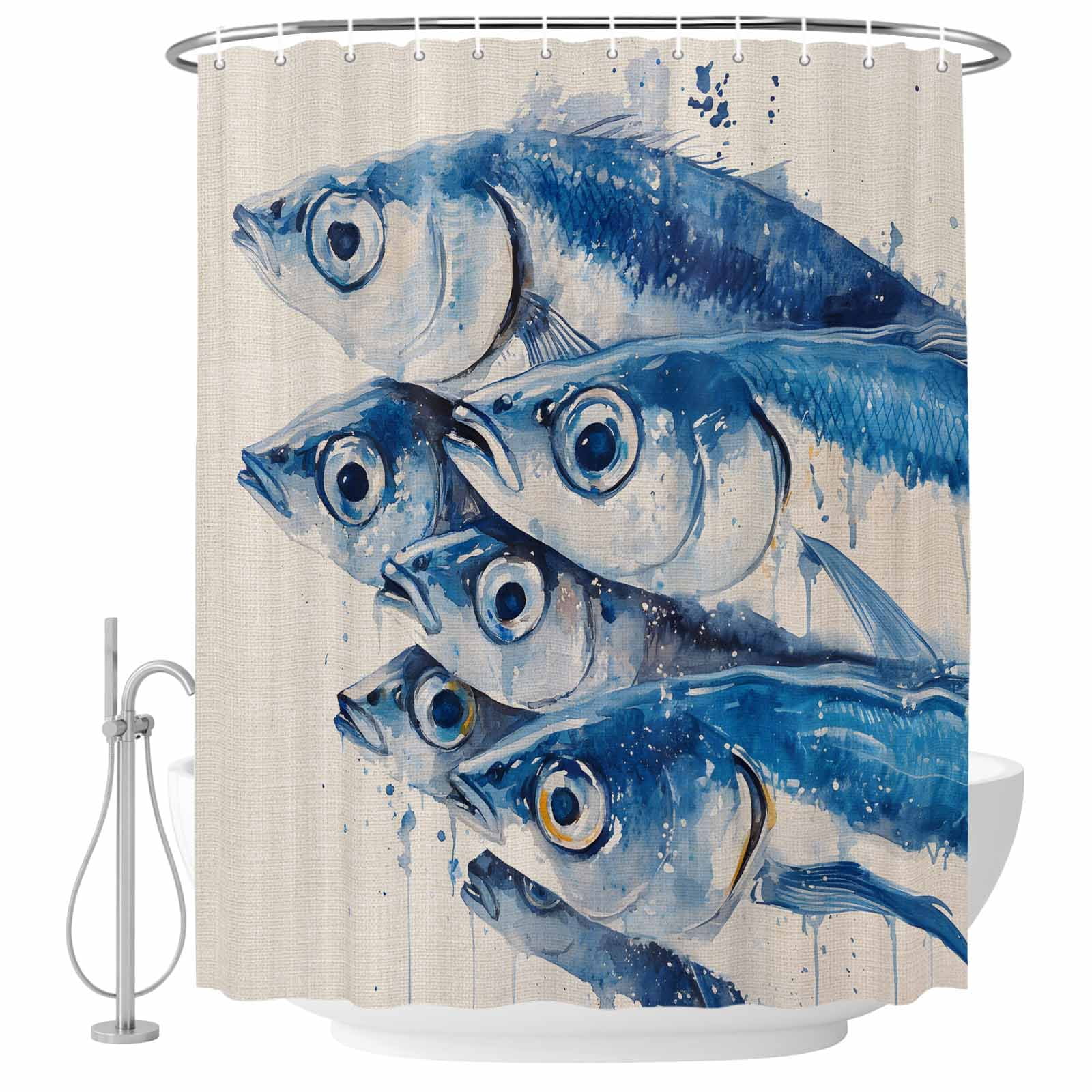 Shower Curtain Bathroom Set Watercolor Underwater Fish on Vintage Linen Waterproof Fabric Shower Curtains with Grommets&Hooks, Coastal Ocean Life Privacy Bath Curtain for Bathtub 72x72in
