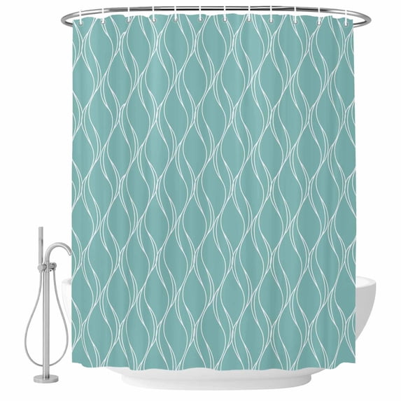 Shower Curtain Bathroom Set White Wave Stripe on Teal Waterproof Fabric Shower Curtains with Grommets&Hooks, Abstract Geometric Texture Privacy Bath Curtain for Bathtub 36x72in