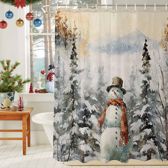 Shower Curtain Bathroom Set Winter Christmas Cute Snowman Waterproof Fabric Shower Curtains with Grommets&Hooks Tree Forest Snow Scene Privacy Bath Curtain for Bathtub 36x72in