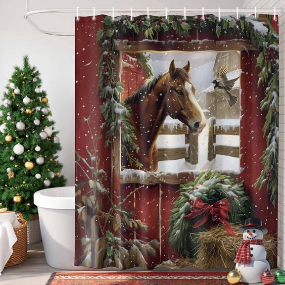 Shower Curtain Bathroom Set Winter Christmas Horse Red Farm Wooden Barn Waterproof Fabric Shower Curtains with Grommets&Hooks Holly Branch Leaves Privacy Bath Curtain for Bathtub 72x72in
