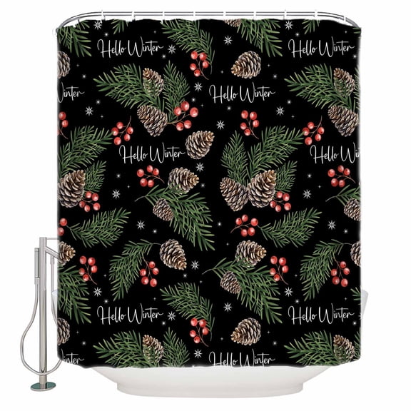 Shower Curtain Bathroom Set Winter Pine Cone Berry Spruce Leaf Waterproof Fabric Shower Curtains with Grommets&Hooks Christmas Plant on Black Privacy Bath Curtain for Bathtub 60x72in