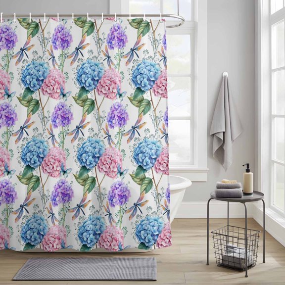 Shower Curtain for Bathroom Spring Blue Pink Floral Dragonfly Waterproof Bath Curtains Shower Curtains with Hooks,Hydrangea Flower Leaves Bathroom Curtain Privacy Drapes for Bathtubs Toilet 36x72in