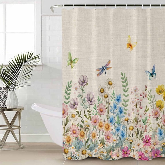 Shower Curtain for Bathroom Spring Flower Butterfly DragonflyWaterproof Bath Curtains Shower Curtains with Hooks,Pastoral Plant Linen TextureBathroom Curtain for Bathtubs Toilet 36x72in