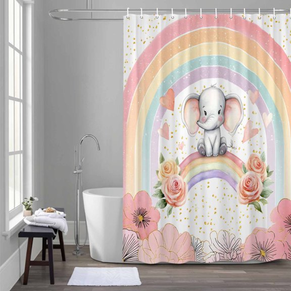 Shower Curtain for Bathroom Spring Flower Elephant Rainbow Waterproof Bath Curtains Shower Curtains with Hooks,Blossom Floral Animal Bathtubs Curtain Privacy Drapes for Toilet 36x72in