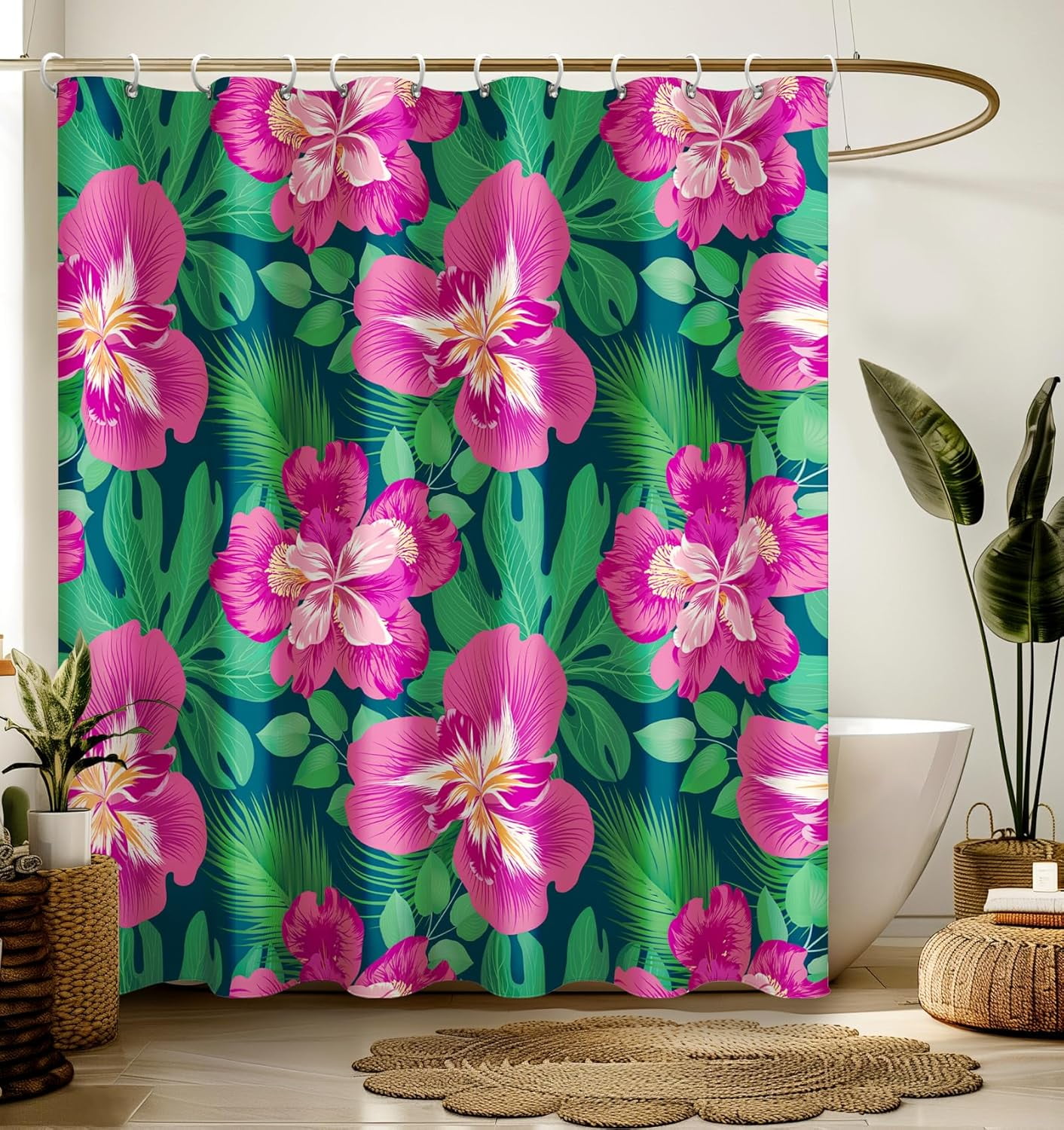 Stanoha Shower Curtain - Boho Chic Cat & Flower Print, Waterproof 72"x72", Includes 12 Hooks