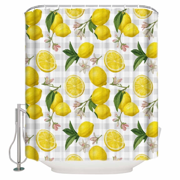 Shower Curtain for Bathroom Summer Lemon Flower LeavesWaterproof Bath Curtains Shower Curtains with Hooks,Grey White Plaid LatticeBathroom Curtain Privacy Drapes for Bathtubs Toilet 72x72in