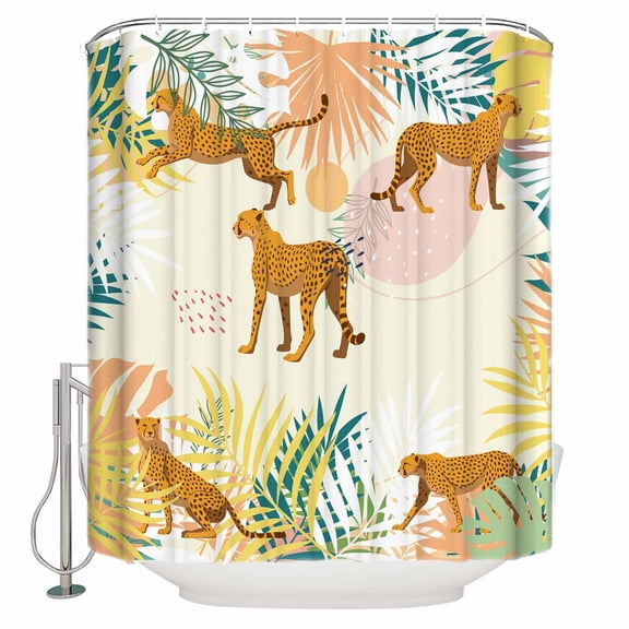 Shower Curtain for Bathroom Summer Leopards Coconut Trees LeavesWaterproof Bath Curtains Shower Curtains with Hooks,Retro Plants AnimalsBathroom Curtain Privacy Drapes for Bathtubs Toilet 72x72in