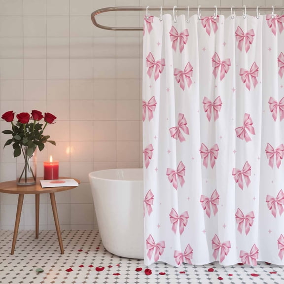 Shower Curtain for Bathroom Valentine's Day Pink Bow Waterproof Bath Curtains Shower Curtains with Hooks,Mother's Day Ribbon Bowknot Bathroom Curtain Privacy Drapes for Bathtubs Toilet 36x72in
