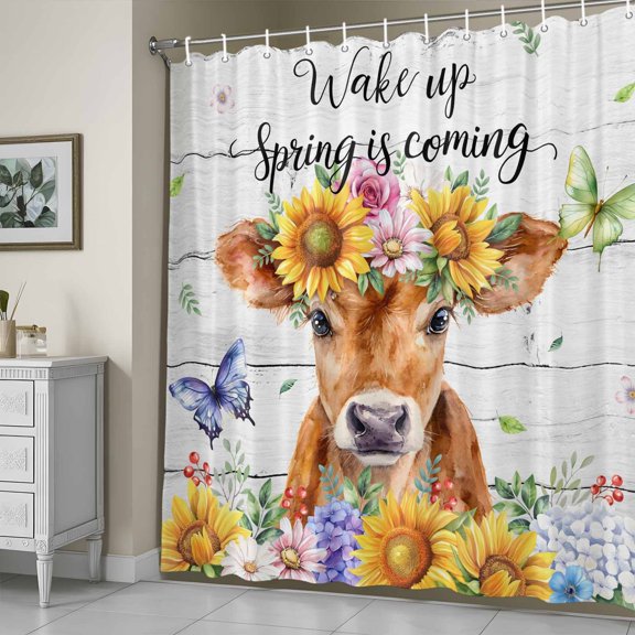 Shower Curtain for Bathroom Wake up Spring Is Coming Waterproof Bath Curtains Shower Curtains with Hooks,Farm Sunflowers Cow Butterfly Bathroom Curtain Privacy Drapes for Bathtubs Toilet 72x72in
