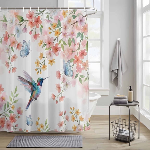 Shower Curtain for Bathroom Watercolor Hummingbird Butterflies Waterproof Bath Curtains Shower Curtains with Hooks,Colorful Floral Pattern Bathroom Curtain Privacy Drapes for Bathtubs Toilet 36x72in