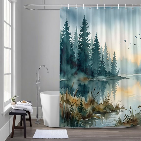 Shower Curtain for Bathroom Watercolor Lake Forest Natural Scene Waterproof Bath Curtains Shower Curtains with Hooks,Ink Painting Art Bathroom Curtain Privacy Drapes for Bathtubs Toilet 36x72in
