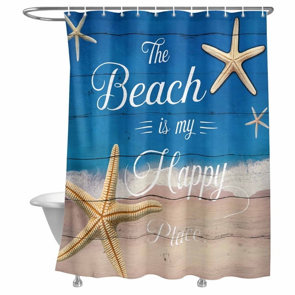 Shower Curtain The Beach Is My Happy Place Bathroom Curtains with Hooks, Waterproof Fabric Summer Ocean Starfish Bath Shower Curtains Set for Bathroom Bathtubs Decor 72x72 Inch