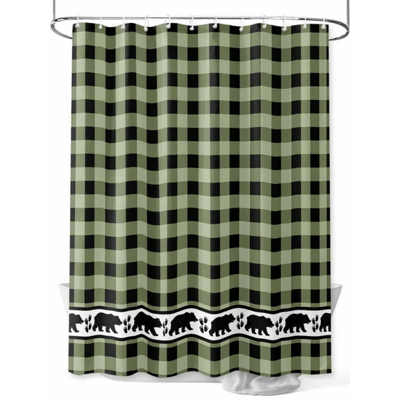 Shower Curtain Bear Footprints Green Buffalo Plaid Bathroom Curtains with Hooks, Waterproof Fabric Forest Animals Bath Shower Curtains Set for Bathroom Bathtubs Decor 36x72 Inch
