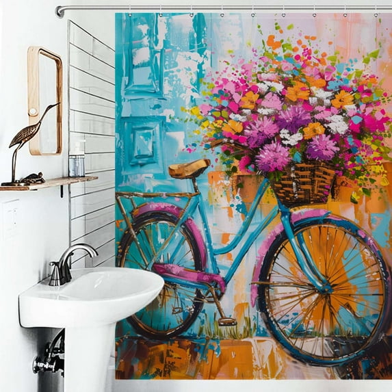 Shower Curtain Bicycle With Basket Of Flowers Polyester Waterproof Home Ration Curtain With Hook