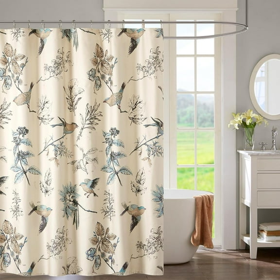 Shower Curtain, Bird & Leaf Print, Farmhouse Shower Curtain for Bathroom, Modern Country Bathroom Décor, Machine Washable, Cotton Shower Curtain, Quincy, " Khaki