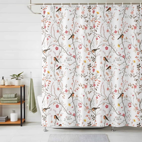 Shower Curtain Bird Tree Branch Shower Curtains for Bathroom Decor, Waterproof Polyester Shower Curtain Set with Hooks, Extra Long 72" x 84" Pink Floral Leaves