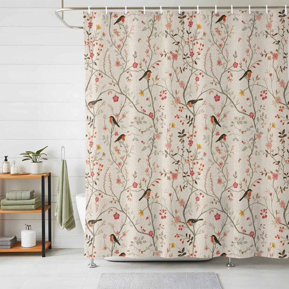 Shower Curtain Bird Tree Branch Shower Curtains for Bathroom Decor, Waterproof Polyester Shower Curtain Set with Hooks, Small Stall Size 36" x 72" Beige Floral Leaves
