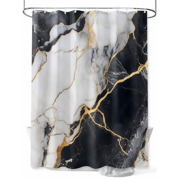 Shower Curtain Black Abstract Marble Bathroom Curtains with Hooks, Waterproof Fabric Gold White Modern Bath Shower Curtains Set for Bathroom Bathtubs Decor 72x72 Inch