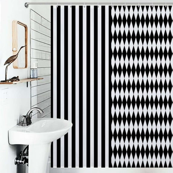 Shower Curtain Black And White Harlequin Diamonds And Stripes Polyester Waterproof Home Ration Curtain With Hook