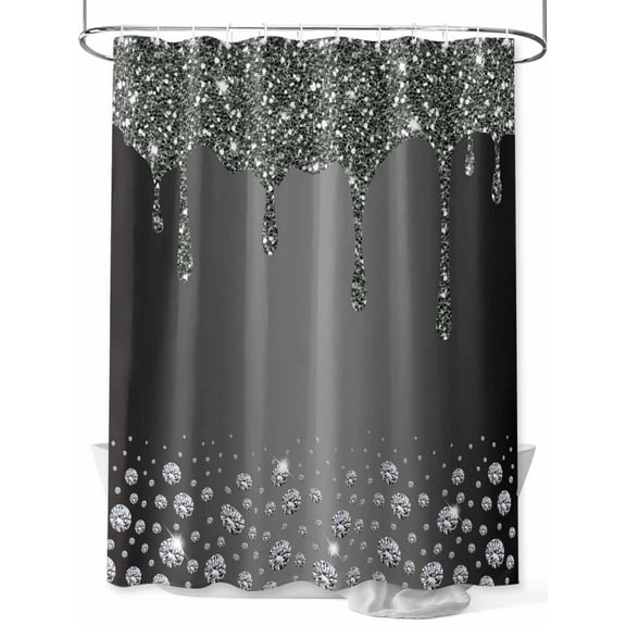 Shower Curtain Black Diamond Bathroom Curtains with Hooks, Waterproof Fabric Luxury Bling Water Drop Bath Shower Curtains Set for Bathroom Bathtubs Decor 36x72 Inch