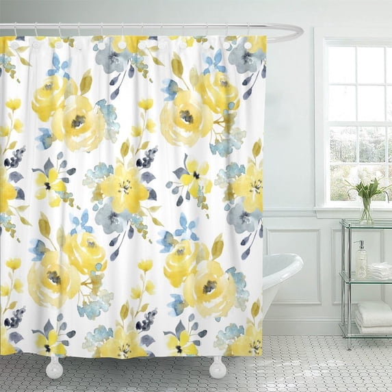 Shower Curtain Black Floral Watercolor Bright Summer Pattern Yellow and Blue Abstract Flowers Gray Simple Botanical Waterproof Polyester Fabric 72 x 72 inches Set with Hooks