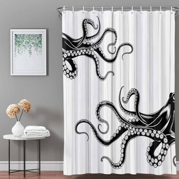 Shower Curtain,Black Giant Squid Waterproof Shower Curtain Set with Hooks for Bathroom Showers,Stalls and Bathtubs,36x72in,Wood Grain Background