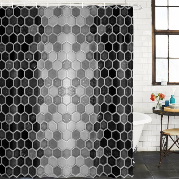 Shower Curtain,Black Gray Gradient Hexagon Waterproof Shower Curtain Set with Hooks for Bathroom Showers,Stalls and Bathtubs,36x72in,Abstract Honeycomb Grid Ombre
