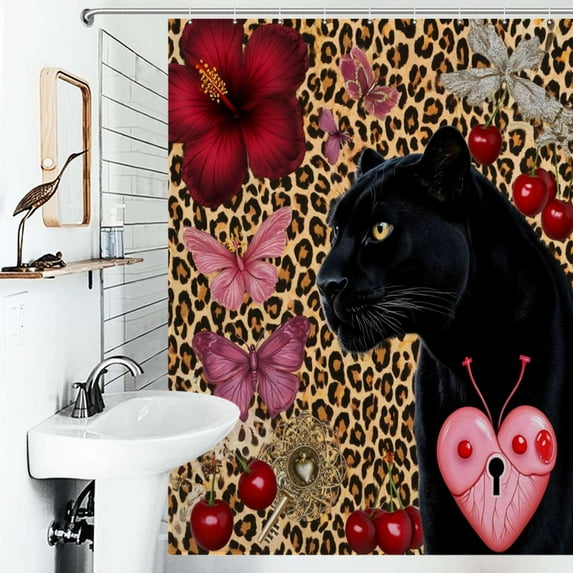 Shower Curtain Black Leopard Hearts Butterflies Polyester Waterproof Home Ration Curtain With Hook