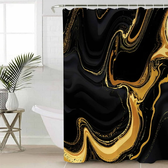 Shower Curtain Black Marble Fluid Art Waterproof Shower Curtain Set with Hooks for Bathroom Showers,Stalls and Bathtubs,48x72In Gold Foil