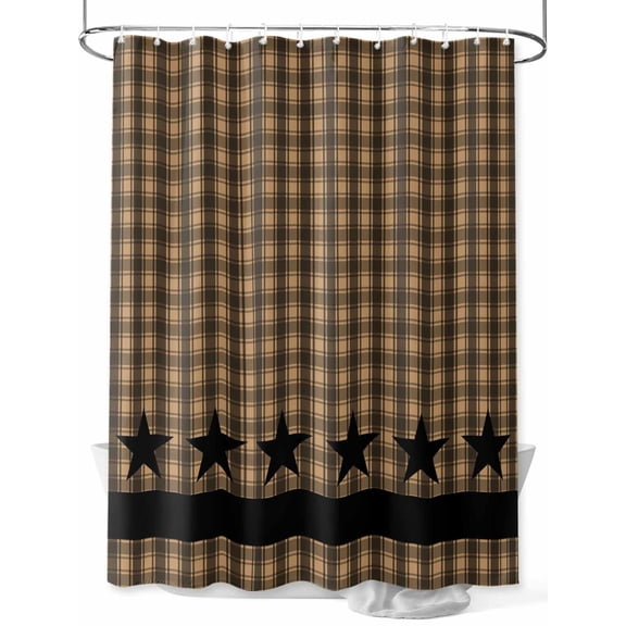 Shower Curtain Black Stars Buffalo Plaid Bathroom Curtains with Hooks, Waterproof Fabric Brown Checkered Bath Shower Curtains Set for Bathroom Bathtubs Decor 36x72 Inch