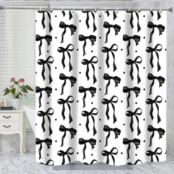 Shower Curtain Black and White, Bow Shower Curtain Set with Hooks, Black Bow Bathroom Accessories Cute Black Bathroom Shower Curtain Waterproof, Girly Bathroom Decor for Teen Girls Women 72x72 Inch